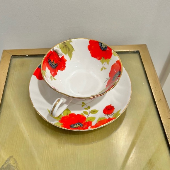 Limoges France Porcelain Tea Cup Saucer set Japan Red Flowers Poppies - Picture 1 of 8